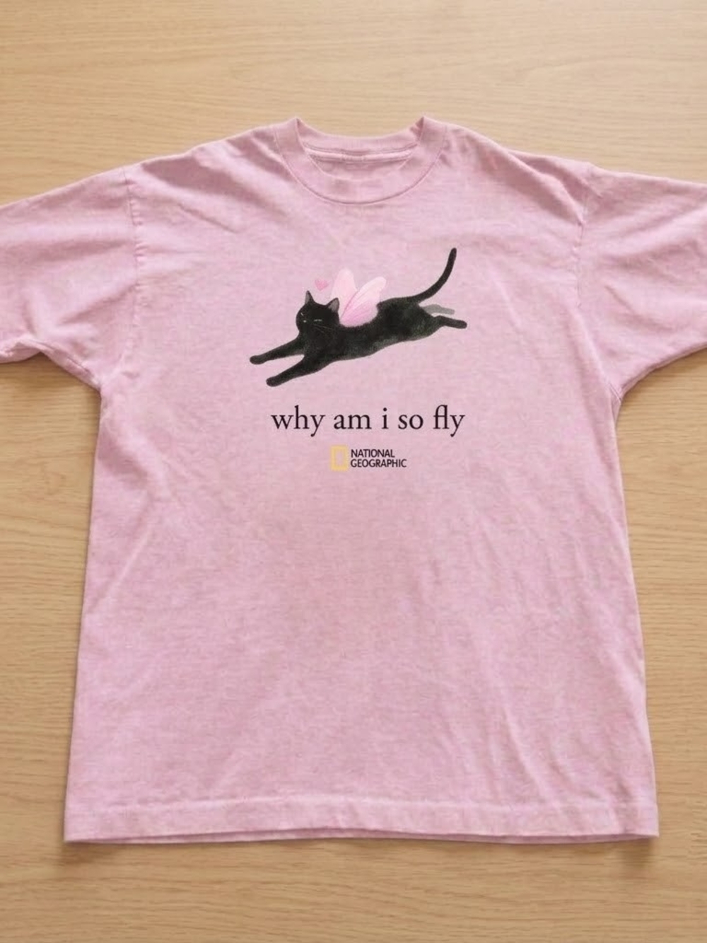 Gildan Pink Cat Graphic Tee with Black Winged Cat